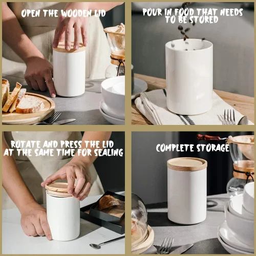 Vista 4 de Sweejar Kitchen Canisters - Tarro de cerámica para almacenamiento de alimentos, recipientes apilables con tapa de madera de cierre hermético