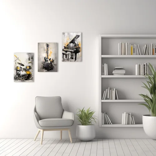 Vista 4 de QIXIANG Lienzo decorativo de pared para amantes de la música, 3 piezas, guitarra negra y dorada, piano y batería, impresiones de imágenes