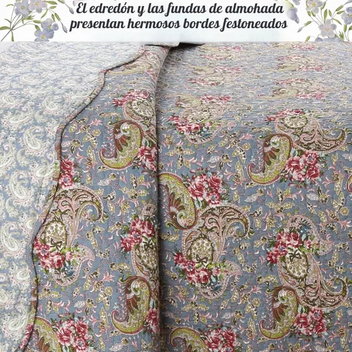 Vista 3 de Cozy Line Home Fashions Juego de ropa de cama acolchada reversible de 3 piezas, 100% algodón, rojo verde, estilo cottage floral francés campestre