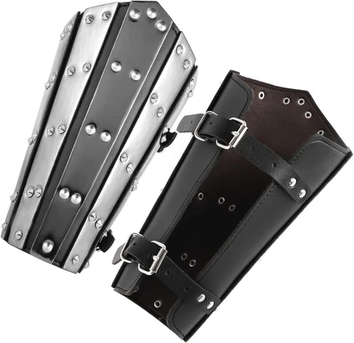 Vista 2 de HZMAN Protectores de brazo de cuero sintético para adultos, brazaletes medievales estilo armadura de metal, talla única, par de brazaletes de cuero