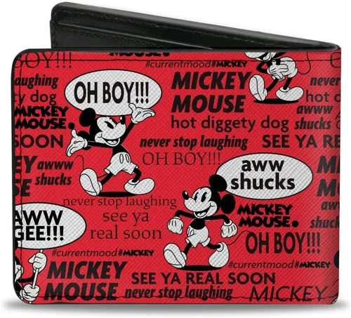 Vista 2 de Buckle-Down Cartera Bifold PU Mickey Mouse Poses y Cotizaciones Collage Rojo Negro Blanco, Mickey Mouse, Billetera plegable