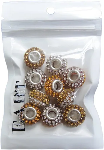 Vista 4 de RUBYCA Cuentas grandes de cristal checo con agujero grande para pulseras europeas (10 unidades, 0.591 in, oro y blanco)
