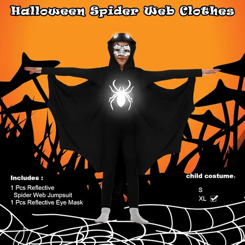Vista 5 de Toulite 2 piezas de disfraz de araña reflectante para niños, disfraz de araña de Halloween iluminado con sombrero, máscara de ojos para niños y niñas