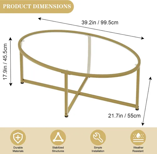 Vista 2 de Wolawu Mesa de centro ovalada dorada de vidrio para sala de estar, mesas de té modernas con marco de metal dorado para espacios pequeños, mesa