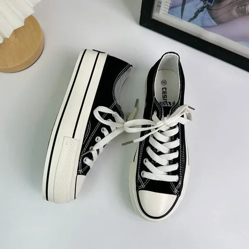 Vista 5 de REFRASE LIFE Tenis de plataforma para mujer, zapatos de plataforma blanca, zapatos de tenis de caña baja, zapatos de lona con cordones, zapatos