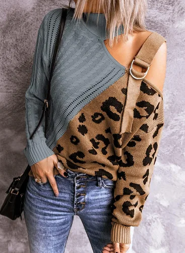 Vista 2 de Happy Sailed Suéteres de punto para mujer con hombros descubiertos, cuello alto, manga larga, de gran tamaño, tallas S-2XL