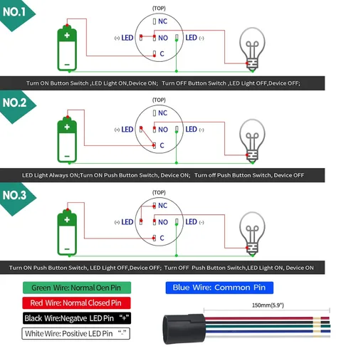 Vista 6 de 3 unids 0.630 in interruptor de botón momentáneo rectángulo 12V DC LED luz verde certificación UL 5/8 "agujero de montaje 1NO 1NC SPDT 5pin