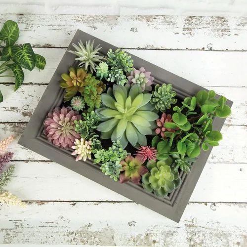 Vista 4 de Arte de pared de suculentas artificiales 3D, arreglo de flores falsas con marco floral, decoración de pared para decoración de habitación, fondo