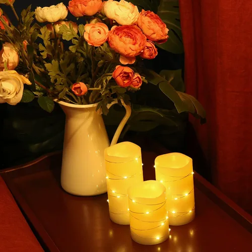 Vista 3 de H-BLOSSOM Velas de cera real sin llamas parpadeantes de marfil con luces de cadena LED incorporadas, velas con baterías con temporizador de ciclo