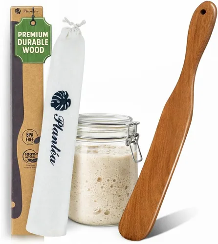 Vista 7 de Juego de 2 espátulas de madera para cocinar, 12 pulgadas, espátula plana de madera de acacia y aleta para hierro fundido, huevos, panqueques
