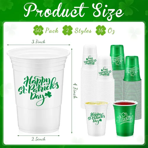 Vista 2 de Pickmesh 50 piezas de vasos de plástico para el Día de San Patricio de 16 onzas con diseño de trébol de la suerte, vasos desechables