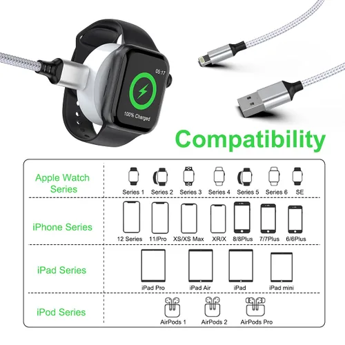 Vista 2 de Cable de carga universal para reloj inteligente 5 en 1 USB de 5.9 ft/6 pies, cargador de reloj magnético+Lightning2+tipo C+Micro USB nailon trenzado