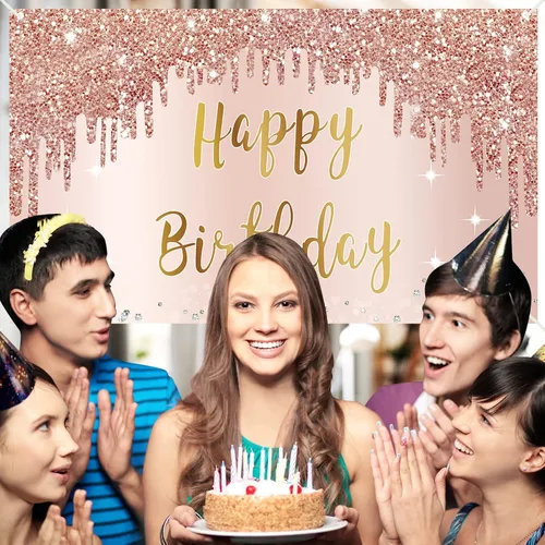 Vista 7 de Cartel de feliz cumpleaños de oro rosa y decoraciones de fondo para niñas y mujeres, suministros de letrero de fiesta temática rosa, gran póster