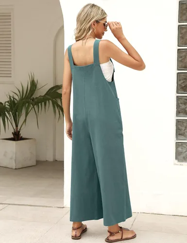 Vista 7 de APAFES Overol de verano de algodón y lino negro para mujer, holgado, sin mangas, ajustable, pierna ancha, monos de una pieza