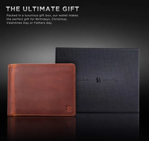 Vista 6 de SERMAN BRANDS Cartera de 2 ventanas de identificación para hombres con bloqueo RFID, tapa plegable, cartera de viaje de capacidad adicional