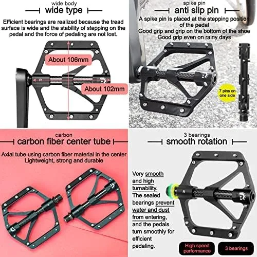 Vista 4 de GORIX Pedales planos de bicicleta CNC ancho 3 cojinetes tubo central de fibra de carbono ligero con pin antideslizante Spike Road Mountain MTB