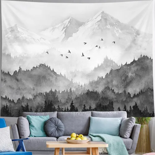 Vista 9 de kampdream Tapiz de bosque de montaña, tapiz de pared con diseño de árbol blanco y negro brumoso, paisaje de acuarela, tapiz de paisaje natural