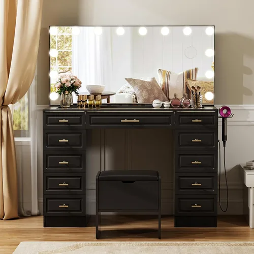 Vista 7 de VOWNER - Tocador con espejo iluminado, escritorio de maquillaje con altavoz Bluetooth Glass Top Vanity with 11 Drawers and 3 Color Lights