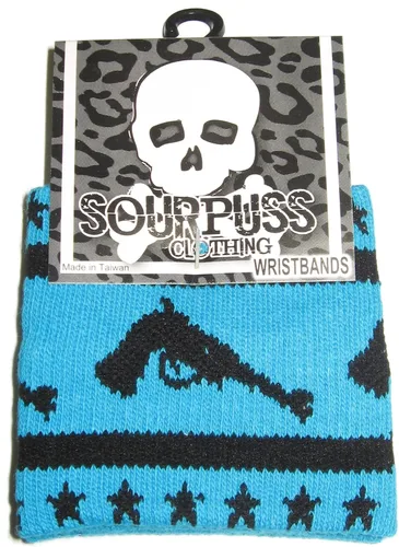 Vista 3 de Sourpuss Clothing - Juego de 2 muñequeras tejidas con pistolas negras y estrellas en turquesa