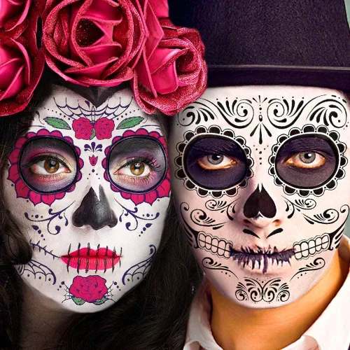 Vista 2 de Tatuajes faciales del Día de los Muertos, 8 hojas de tatuajes faciales temporales de calavera de azúcar para maquillaje de fiesta de Halloween