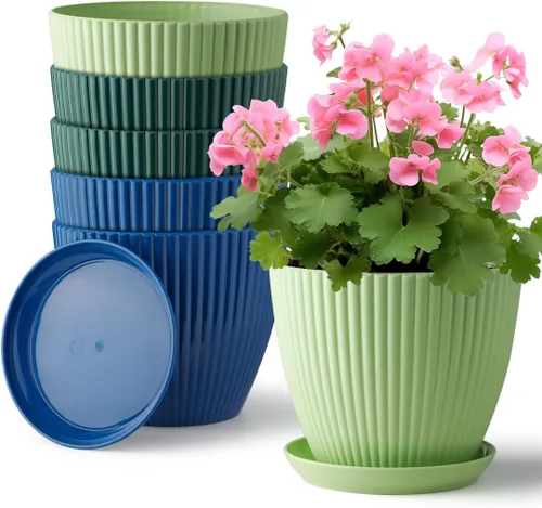 Vista 8 de RooTrimmer Macetas de Plástico Engrosado Negro de 7.5 Pulgadas con Platillos, Paquete de 6 Maceteros Modernos para Plántulas para Plantas