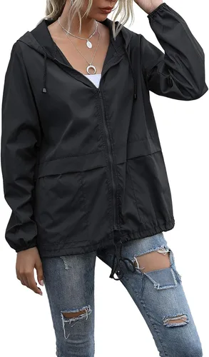 Vista 19 de PESION Chaqueta impermeable ligera para mujer, rompevientos con capucha y bolsillo para exteriores Verde militar