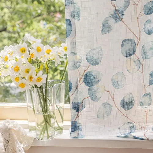 Vista 8 de SUOUO Cortinas blancas semitransparentes con hojas azules para dormitorio, comedor, sala de estar, lino texturizado de 84 pulgadas de largo