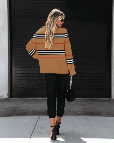 Vista 3 de Women's Mock Turtle Neck Long Sleeve Striped Oversized Side Slit Soft Knit Pullover Sweater Tops