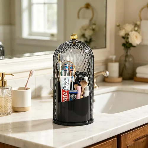 Vista 2 de Organizador de brochas de maquillaje con tapa, soporte giratorio de 360 grados para brochas de maquillaje con tapa, almacenamiento de brochas de Dia