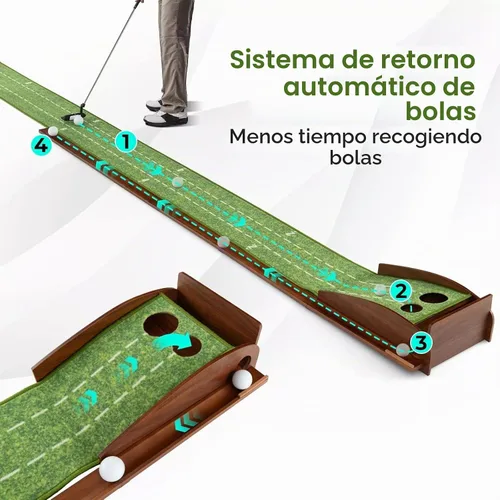 Vista 5 de Alfombrilla de golf para interiores con putter y 5 bolas, juego de devolución automática de bolas, terciopelo mate para el hogar, oficina, patio