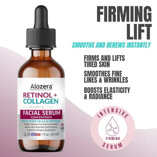 Vista 2 de Alozera Juego de 4 sueros faciales con retinol, colágeno, vitamina C, niacinamida, ácido hialurónico y ácido glicólico, exfoliante, hidratante