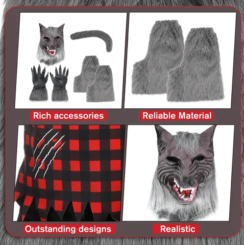 Vista 3 de Paquete de 6 disfraces de hombre lobo de Halloween para adultos, sin mangas, capucha de hombre lobo, guantes de lobo, cola y pierna, colmillos