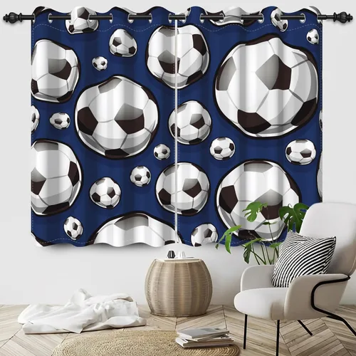 Vista 23 de Cortinas opacas de fútbol para dormitorio de niños, con temática deportiva, para sala de fútbol, cortinas de fútbol en blanco y negro