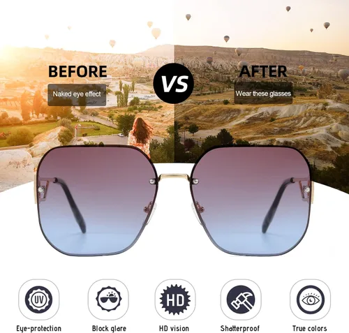Vista 3 de 100 CLASSIC Elegantes gafas de sol cuadradas de gran tamaño para hombres y mujeres ligeras de metal protección UV400 lente FHD