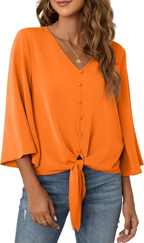 Vista 39 de VIISHOW Blusas de verano para mujer, con botones, cuello en V, de gasa, mangas acampanadas de 3/4, con nudo, casuales 01 Blanco