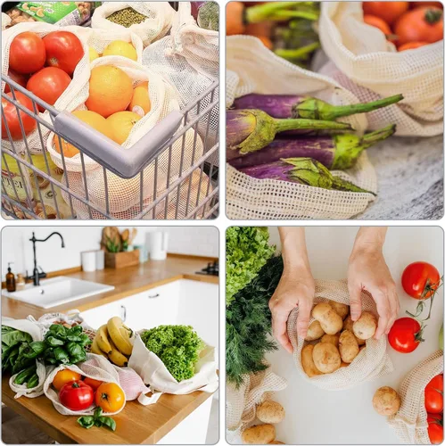 Vista 5 de KerKoor Bolsas reutilizables de malla de algodón para productos - Almacenamiento de productos, bolsas de verduras y frutas (paquete de 6)