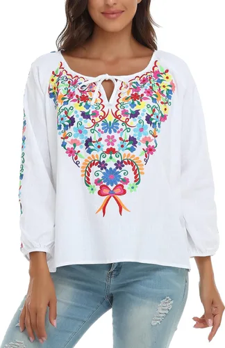 Vista 2 de YZXDORWJ CAMISA bordada mexicana para mujer