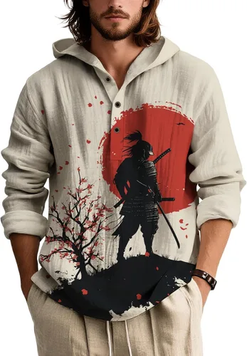 Vista 5 de Sudadera con capucha para hombre, de gran tamaño, elegante, vintage, con botones, casual, de manga larga, sudadera con capucha