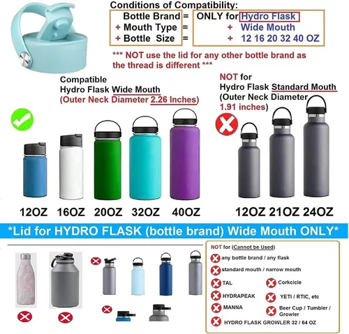 Vista 3 de FLORAPELL Tapa compatible con Hydro Flask de boca ancha de 12, 16, 18, 20, 32, 40 onzas, tapa abatible de repuesto con mango de correa flexible