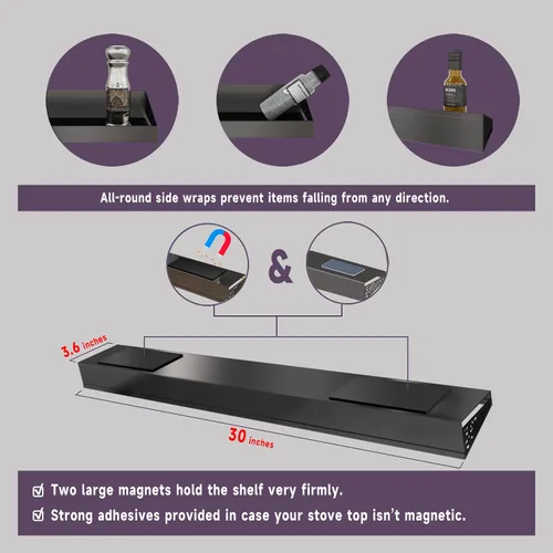 Vista 5 de STUTOV Estante superior magnético para estufa de 30 pulgadas, estante de especias negro y organizador de condimentos, estante de cocina magnético