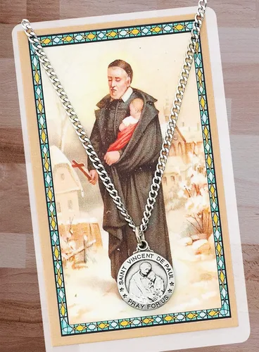 Vista 3 de Collar de San Vicente de Paul con tarjeta santa de San Vicente, tarjeta de oración del Señor Medalla de San Vicente de Paul Patrono católico