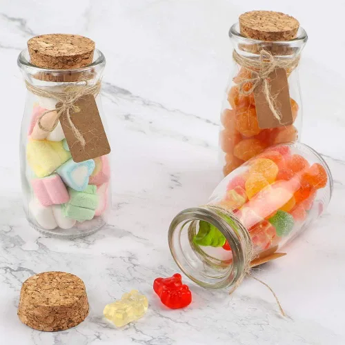 Vista 4 de CUCUMI 12 frascos de vidrio pequeños de 3.4 onzas con tapas, tarros de caramelo de 3.4 onzas líquidas con corcho, mini tarros para fiestas, bodas