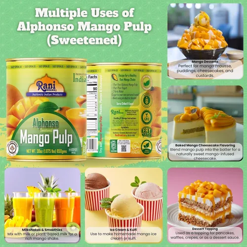 Vista 3 de Puré de pulpa de mango Rani (hace batidos de mango Lassi) Alphonso endulzado 30 onzas (1.875 libras) 29.98 oz ~ Kosher Todo natural Sin OMG