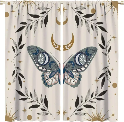 Vista 35 de Cortinas de mariposa de fantasía, polilla, sol, luna, estrella, arte floral, estampado floral, bolsillo para barra, cortinas opacas para ventana