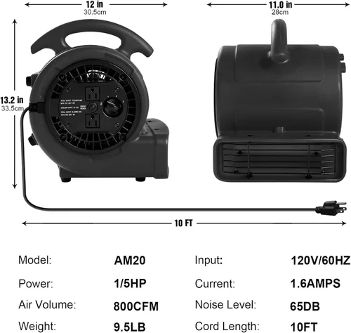 Vista 3 de MOUNTO Ventilador Air Mover de 1/5 hp de 800 cfm, ventilador de secado de pisos, motor de aire compacto de 3 velocidades con doble salida, cable
