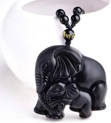 Vista 2 de Colgante de amuleto de elefante de obsidiana natural con cadena de cuentas ajustable para mujeres o hombres