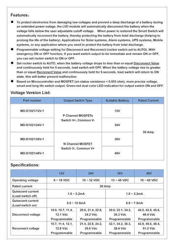 Vista 5 de Módulo de desconexión de bajo voltaje LVD. Bloque de terminales de montaje en panel ABS negro de 12 V/30 amperios