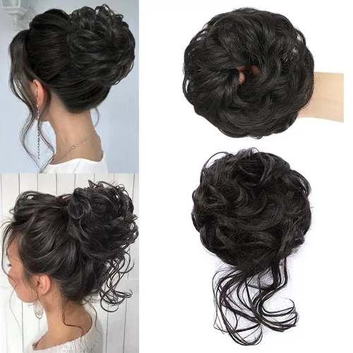 Vista 22 de KETHBE Moño desordenado, extensión de moños de pelo despeinado, banda elástica para el cabello, moño rizado para mujeres (negro)