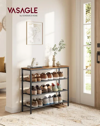 Vista 2 de VASAGLE Zapatero de 4 niveles, organizador grande de almacenamiento de zapatos para armario, entrada, 15-20 pares, con 3 estantes de malla metálica
