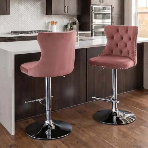 Vista 302 de SoarFlash Juego de 2 taburetes de bar tapizados de terciopelo moderno con patas de madera, botones acolchados, cabeza de clavo cromada, asiento